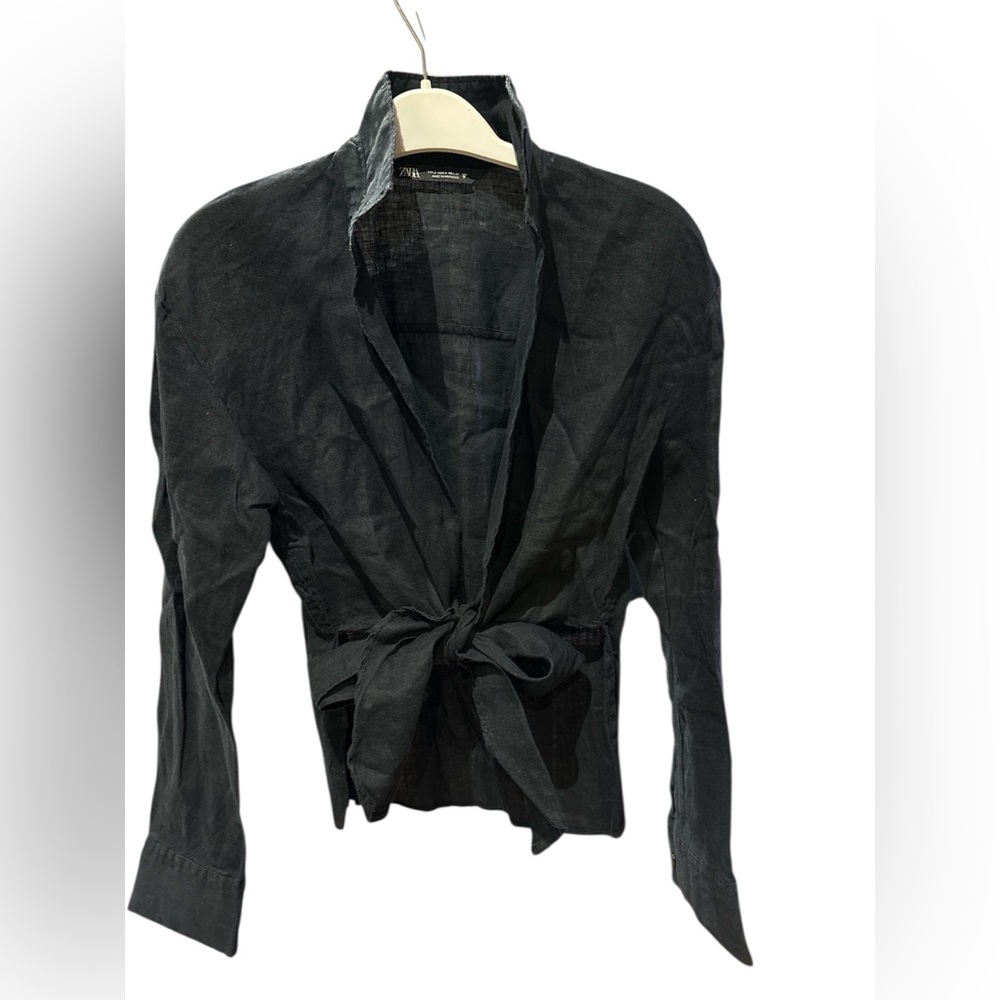 Zara Black Tie-Front Long Sleeve Top